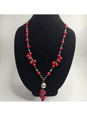 Sterling Silver Dyed Coral Bead Y Drop Necklace Red Artisan Vintage Boho Dangle